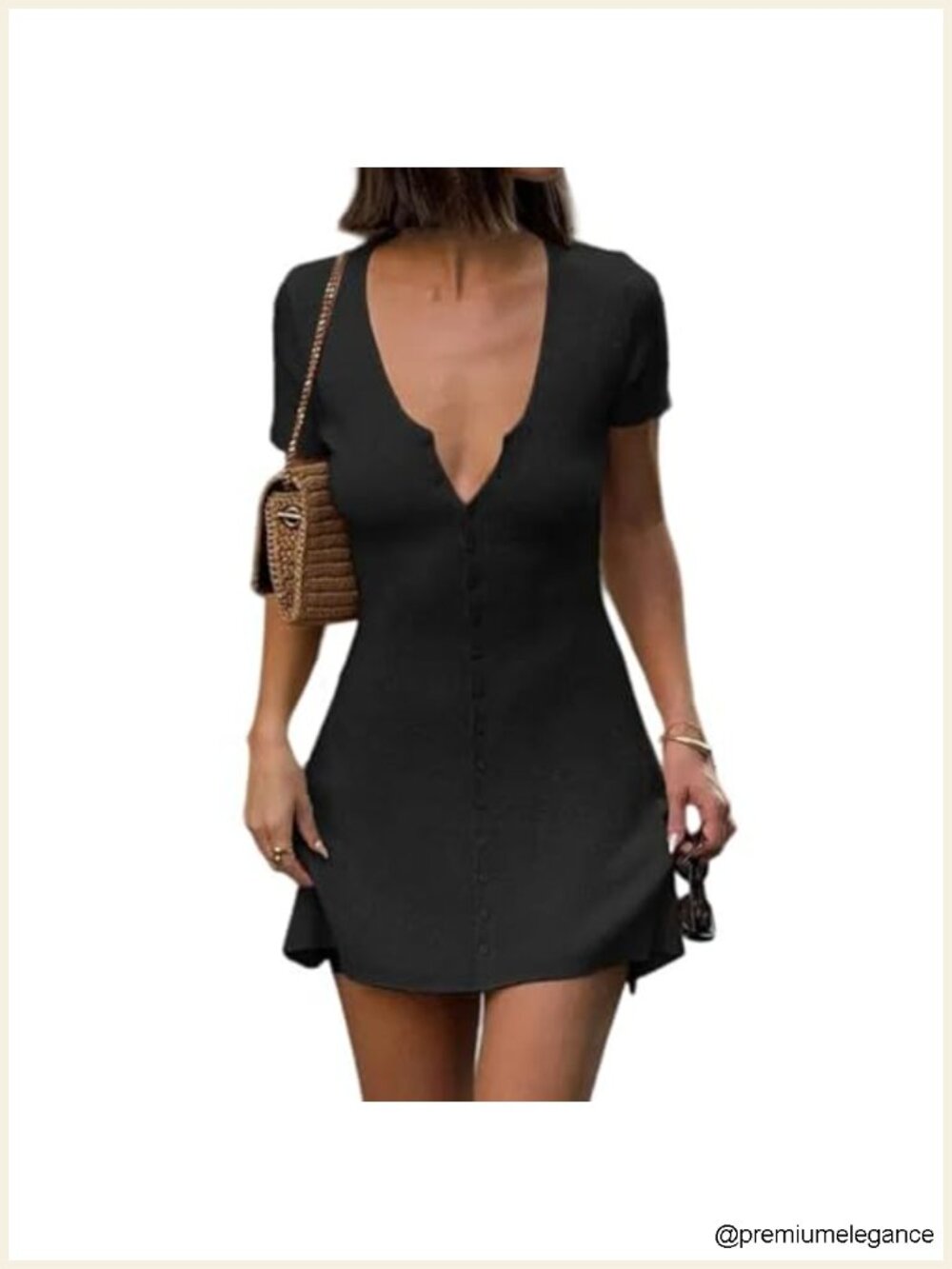 Women's Deep V Neck Button Front Knit Mini Dress with Ribbed Flowy Hem and